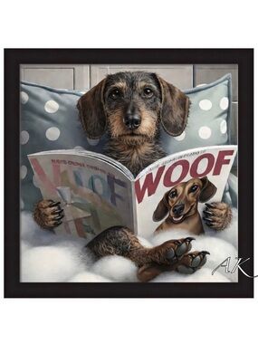 Wirehair Dachshund Reading WOOF Magazine Framed Art 🐾 Doxie Wiener